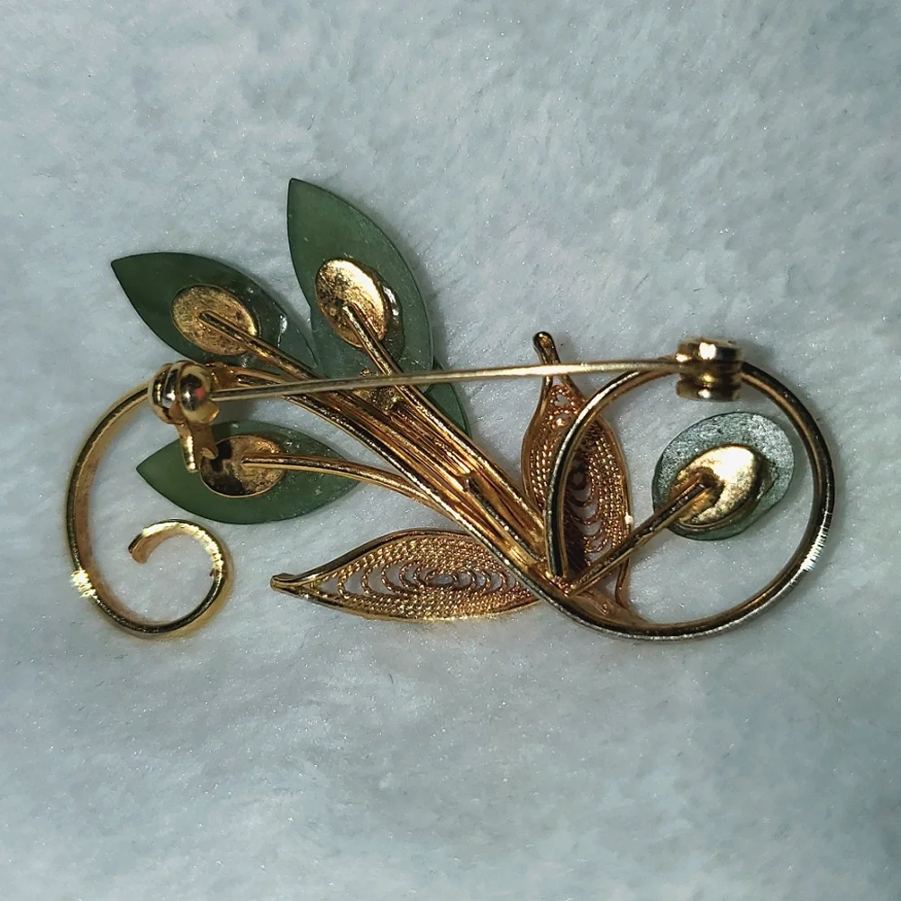 Vintage Gold Tone and Green Leaf Brooch